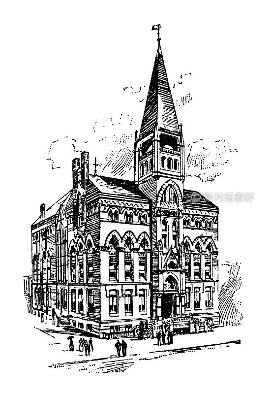 美国古董插图，宾夕法尼亚地标和公司:费城，Hahnemann医学院