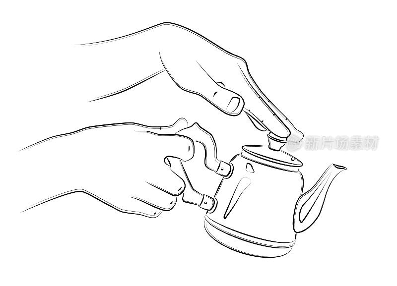 手拿茶壶泡茶。奉茶。金属水壶的特写。厨房用具。用于菜单设计，食谱，厨房用品标志，贴纸，网站。烧水的锅。草图