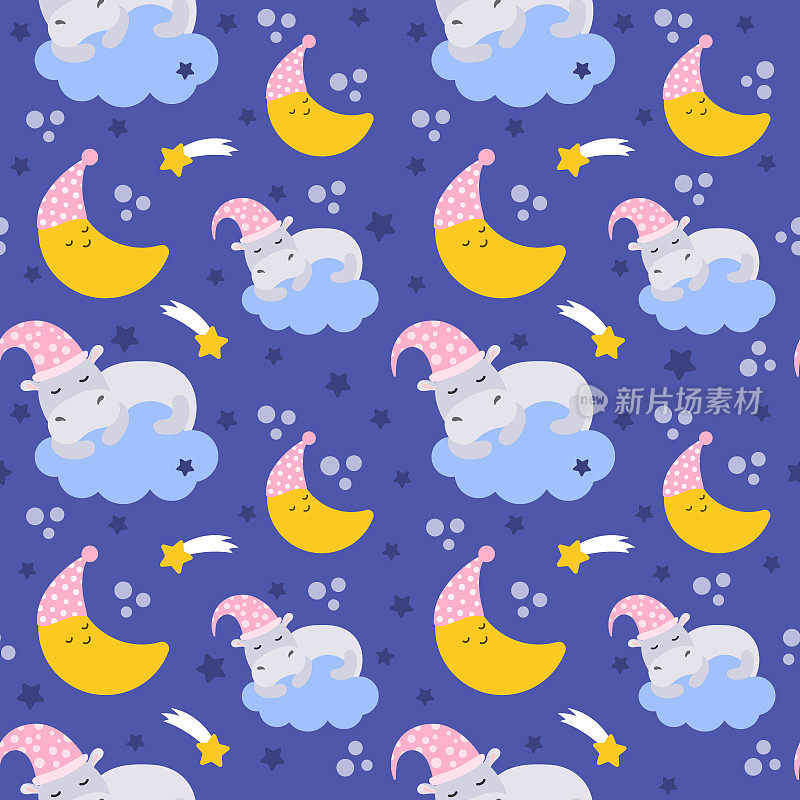 可爱的河马睡在一朵云上，月亮戴着帽子睡在蓝色的背景上。主题的摇篮曲