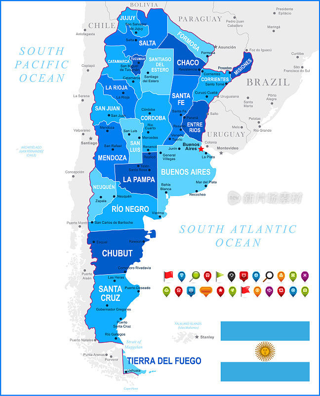 阿根廷蓝色地图与首都城市和导航图标