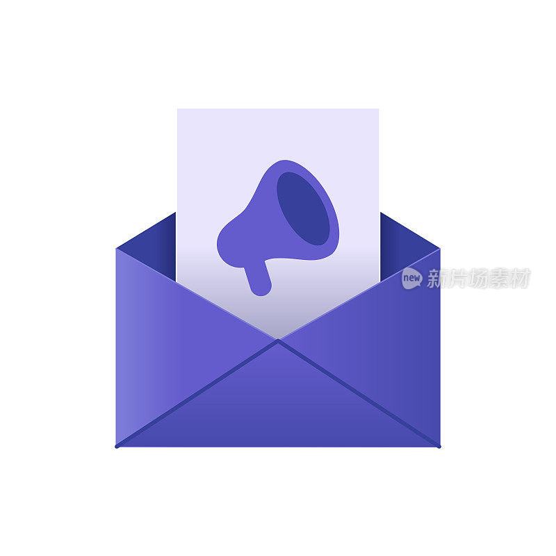 邮寄广告3d电子邮件紫色信封附件文件与扩音器符号矢量插图