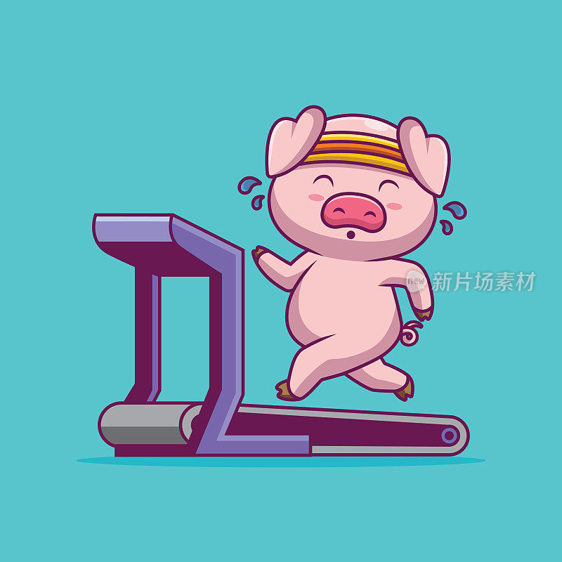可爱的小猪在跑步机上奔跑的卡通插图