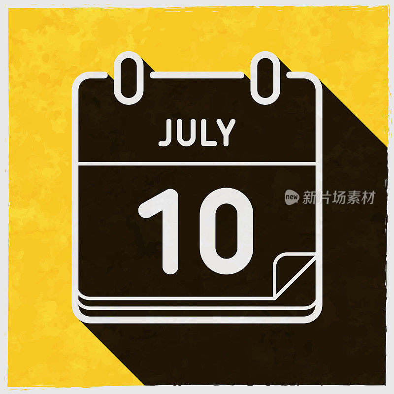 7月10日。图标与长阴影的纹理黄色背景