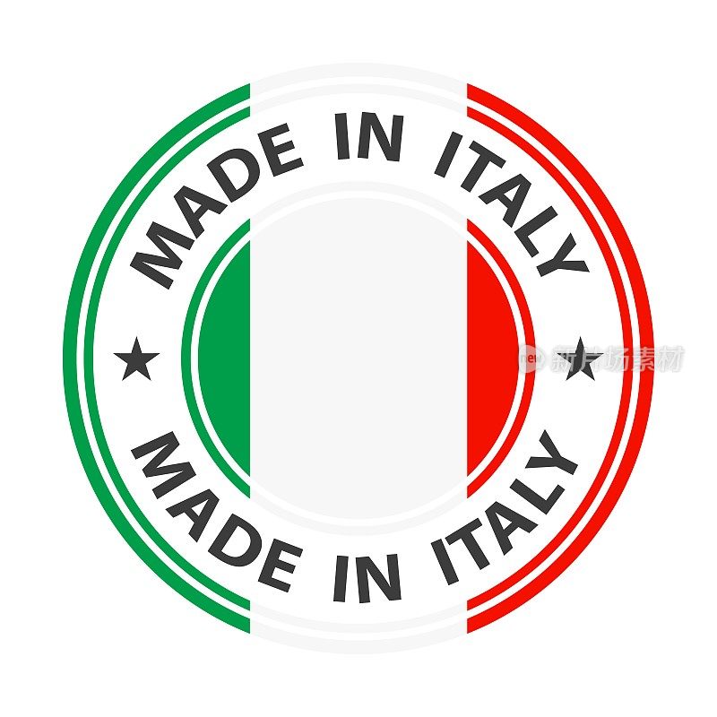 意大利制造的徽章矢量。有星星和国旗的贴纸。标志孤立在白色背景。