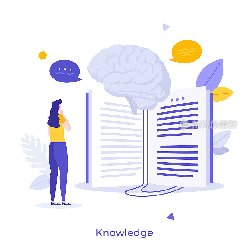 读书的学生或研究人员与人脑。知识概念，大学研究，学校学习，智慧教育，学术或科学文献。平面矢量插图海报。