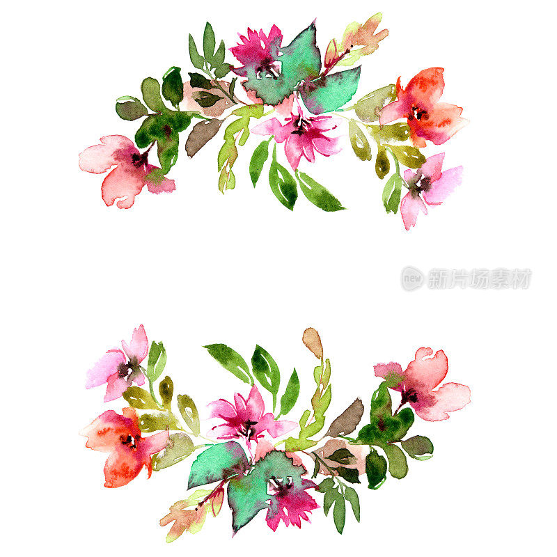 鲜花花环祝福生日，婚礼卡装饰。水彩五彩花框。花的边界。