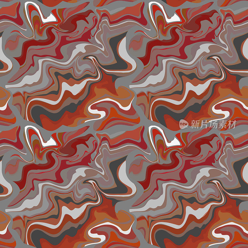 抽象液体无缝图案。橙色、灰色、红色和白色流体形状、曲线、漩涡。大理石石材纹理
