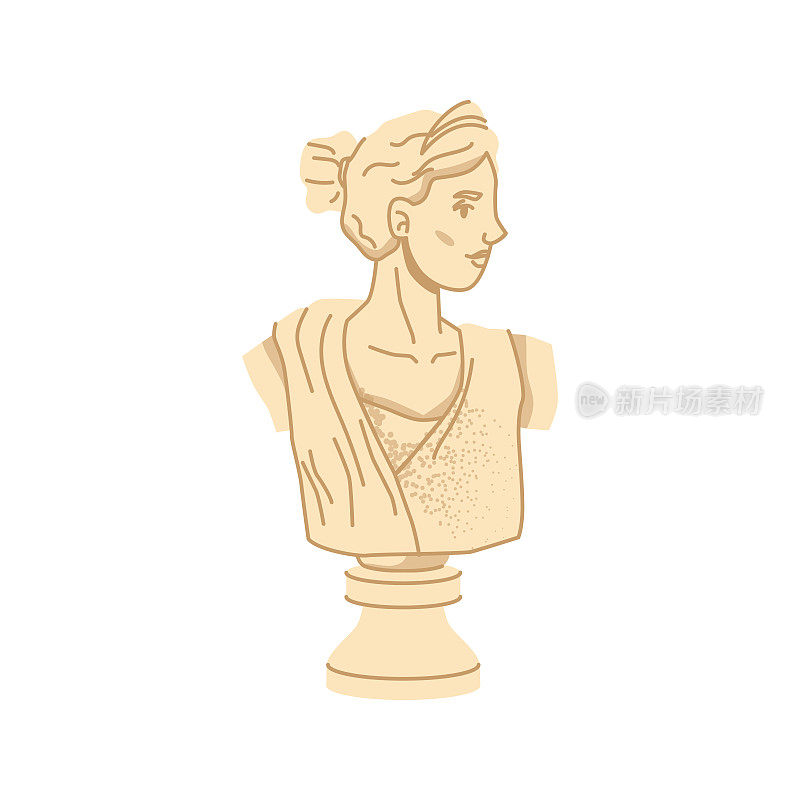 古代罗马或希腊的文化遗产，孤立的半身像的女性性格看着一边。用石头或大理石雕刻的雕塑或雕像平面样式的矢量