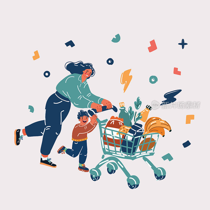 矢量插图的幸福家庭与食品杂货推车的产品是在超市购物。母子推车