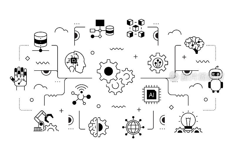 机器学习相关矢量横幅设计概念，现代线风格与图标