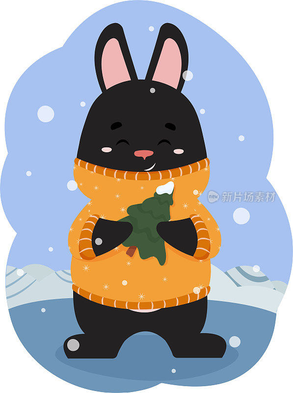 卡通黑兔子用爪子抱着一棵圣诞树