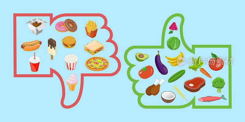 健康食品与垃圾食品的三维等距平面矢量概念图