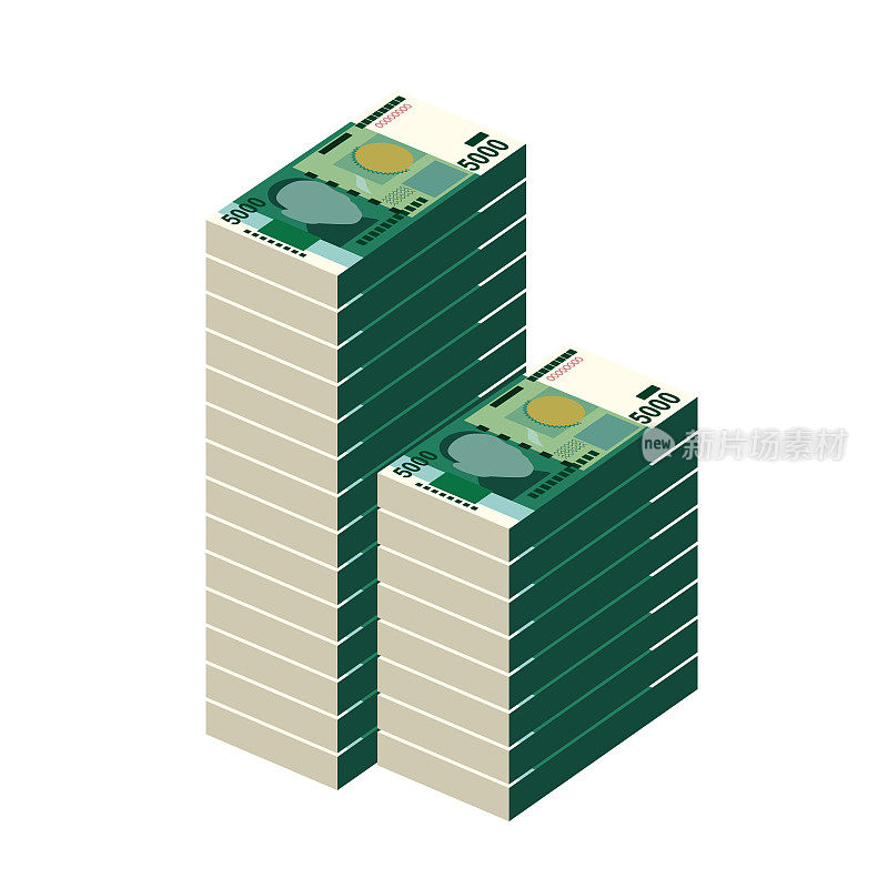吉尔吉斯som矢量插图。吉尔吉斯斯坦货币套装捆钞。纸币5000索姆。平的风格。孤立的白色背景。简约的设计。