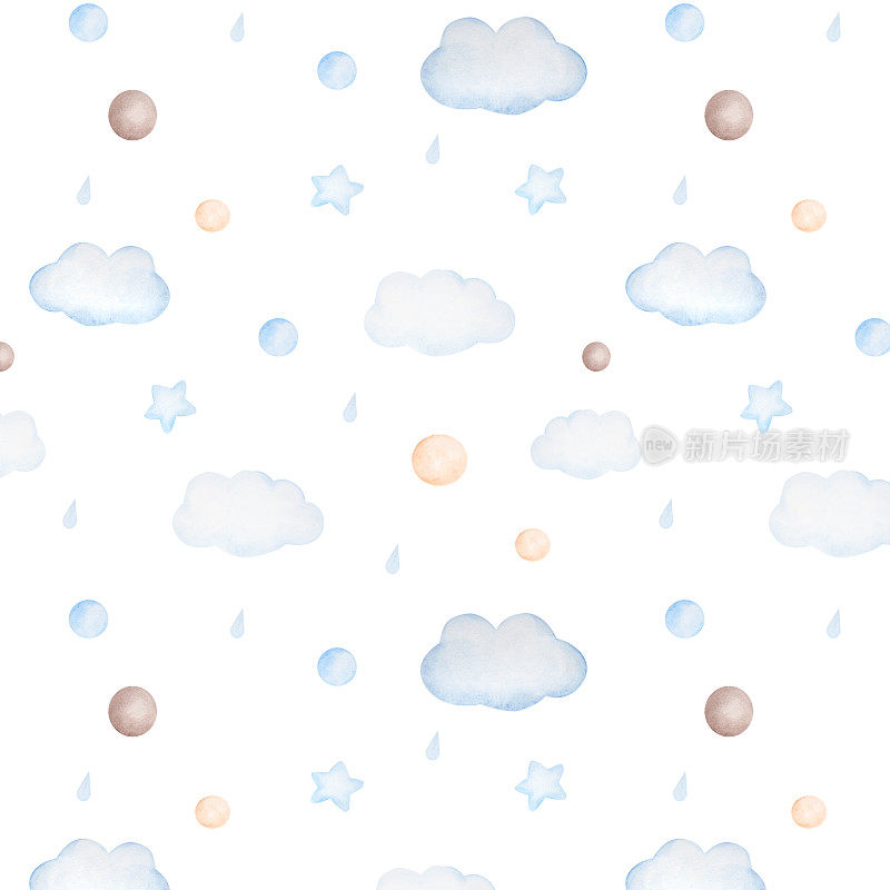 水彩无缝模式与云，球，水滴和星星在蓝色的白色背景