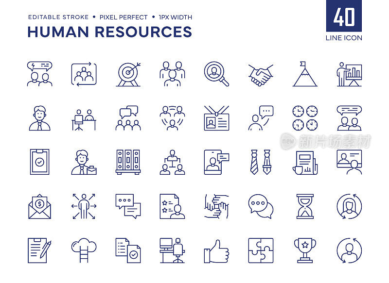 人力资源线图标集包含指导、招聘、经理、工作条件、晋升、团队合作、职业生涯、工资等图标。