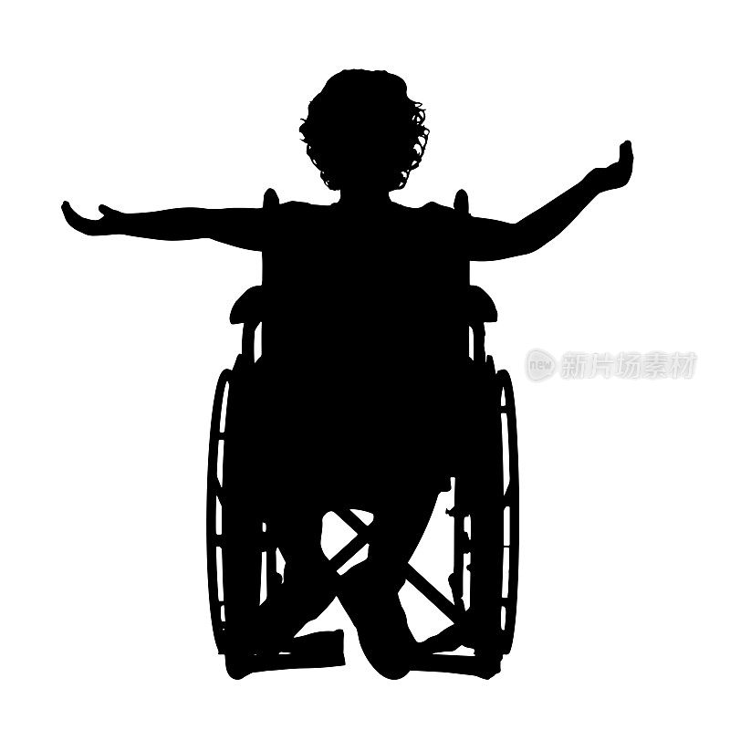 一个快乐的残疾女孩坐在轮椅上的剪影。矢量剪影