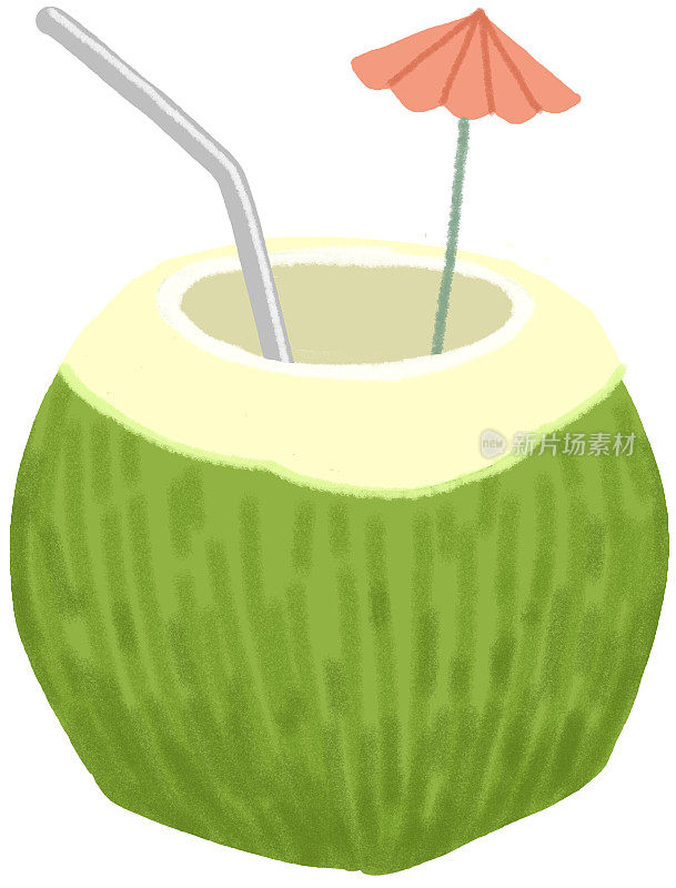夏天喝椰子水。年轻的绿色椰子孤立在白色背景上。手绘粉彩，蜡笔，油彩和粉笔插图