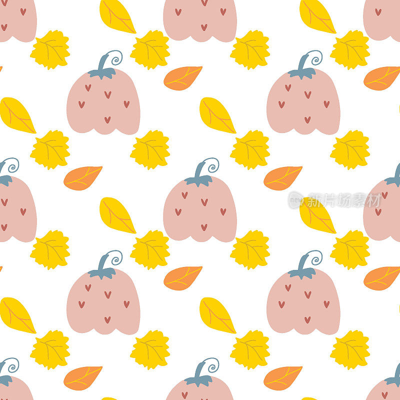 南瓜矢量图案。秋日农家乐天衣无缝的背景。感恩节粉红南瓜和黄叶