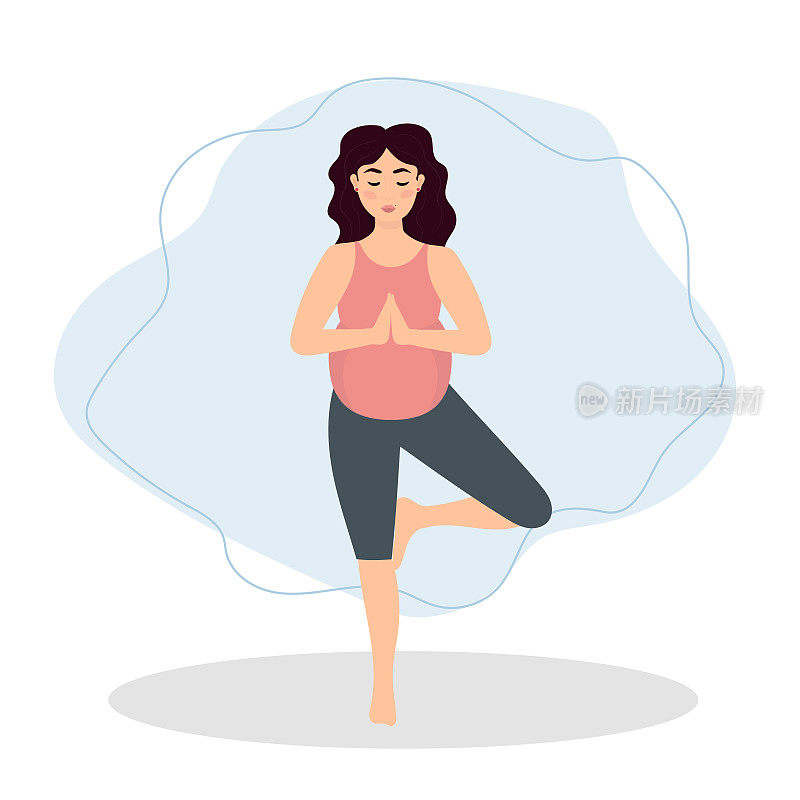 孕妇练习瑜伽。平面漫画风格的插图，健康生活方式，运动，锻炼的概念插图。