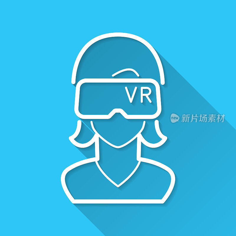 戴着虚拟现实头盔的女人-虚拟现实。图标在蓝色背景-平面设计与长阴影