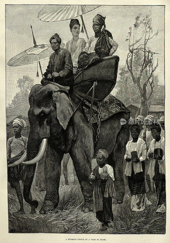 缅甸王子骑在大象背上，维多利亚时代，19世纪90年代