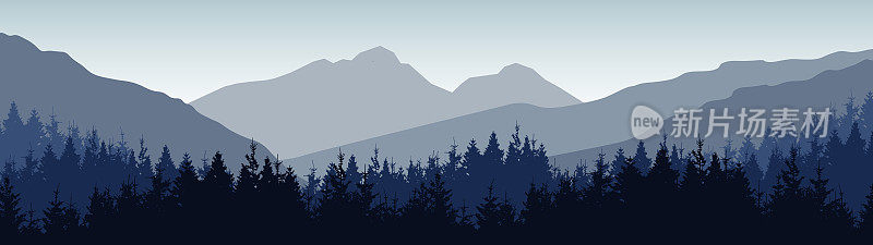 冒险户外露营徒步登山野生动物的背景-绿色剪影的迷雾山峰岩石和森林森林冷杉云杉树，现实的景观全景插图矢量
