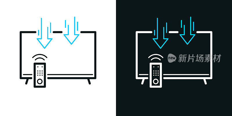 发送到电视。黑色或白色背景上的双色线图标-可编辑的笔画