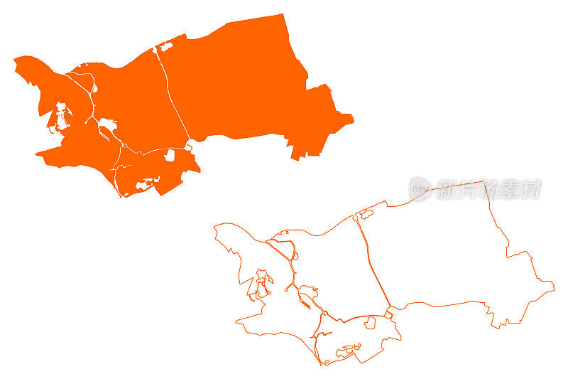 s-Hertogenbosch市及自治区(荷兰王国、荷兰、北布拉班特省或北布拉班特省)地图矢量插图，随手画出s-Hertogenbosch地图草图