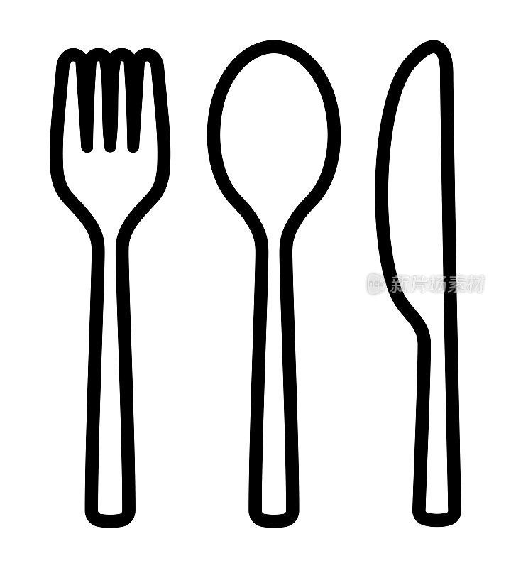 叉子，勺子和刀的图标。