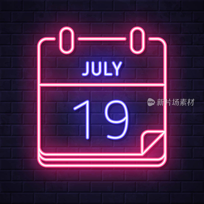 7月19日。在砖墙背景上发光的霓虹灯图标