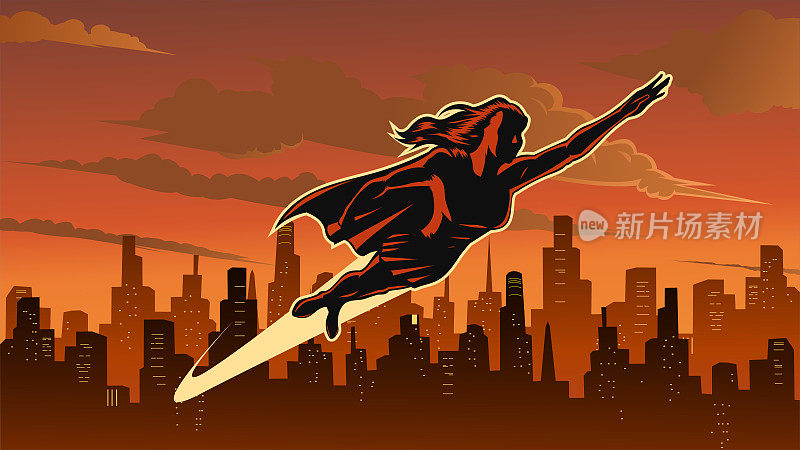 矢量飞行女性超级英雄剪影与城市天际线背景股票插图