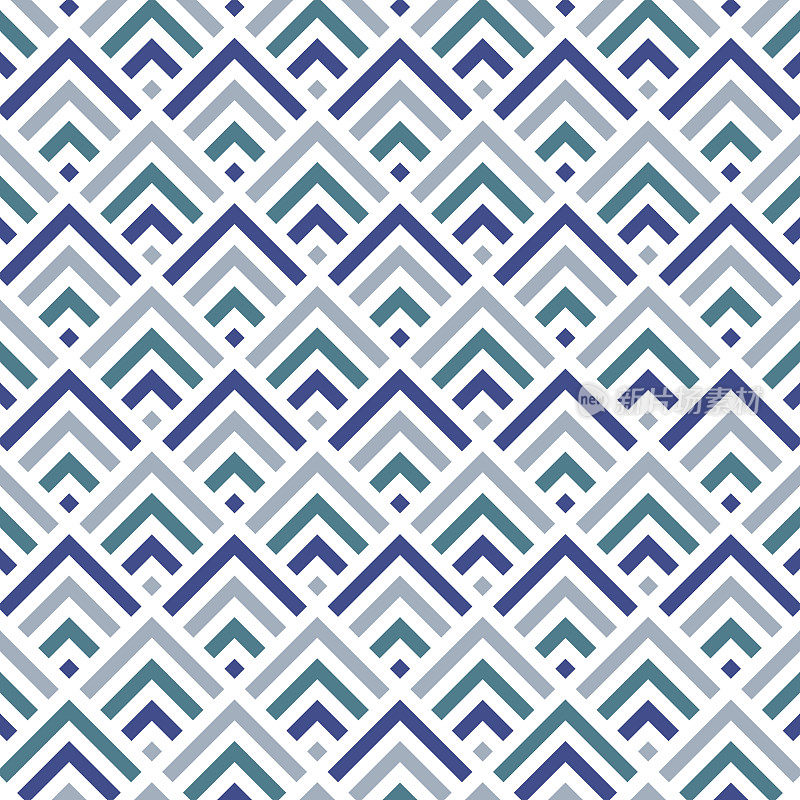 充满活力的蓝色几何图案分层雪佛龙设计在方形瓷砖格式。