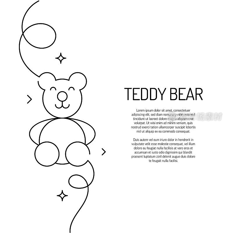 连续线绘制的泰迪熊图标。手绘符号矢量插图。