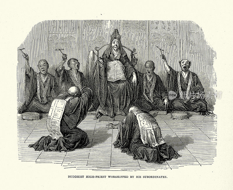 19世纪日本维多利亚时代的佛教大祭司被他的下属膜拜