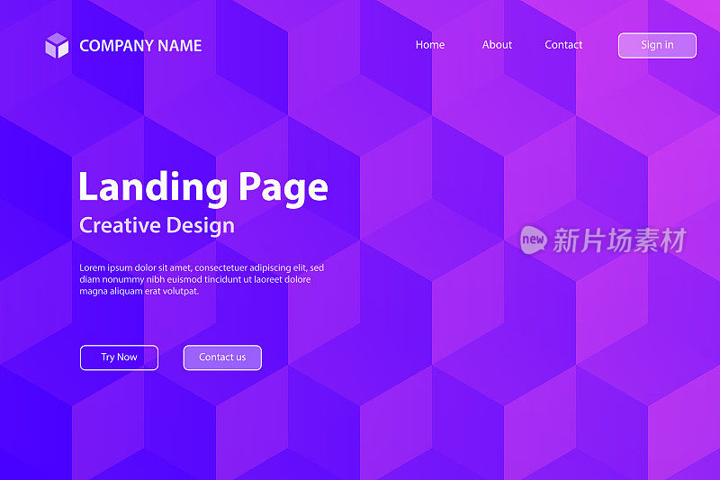 登陆页面模板-抽象的几何背景与紫色立方体-新潮的3D背景