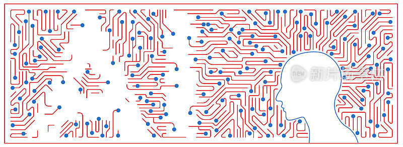 长方形的人头和人工智能电路板