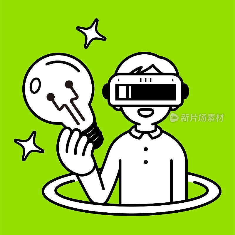 一个戴着虚拟现实耳机或VR眼镜的男孩从虚拟的洞里蹦出来，进入了虚拟世界，展示了一个大创意灯泡，看着观众，极简风格，黑白轮廓