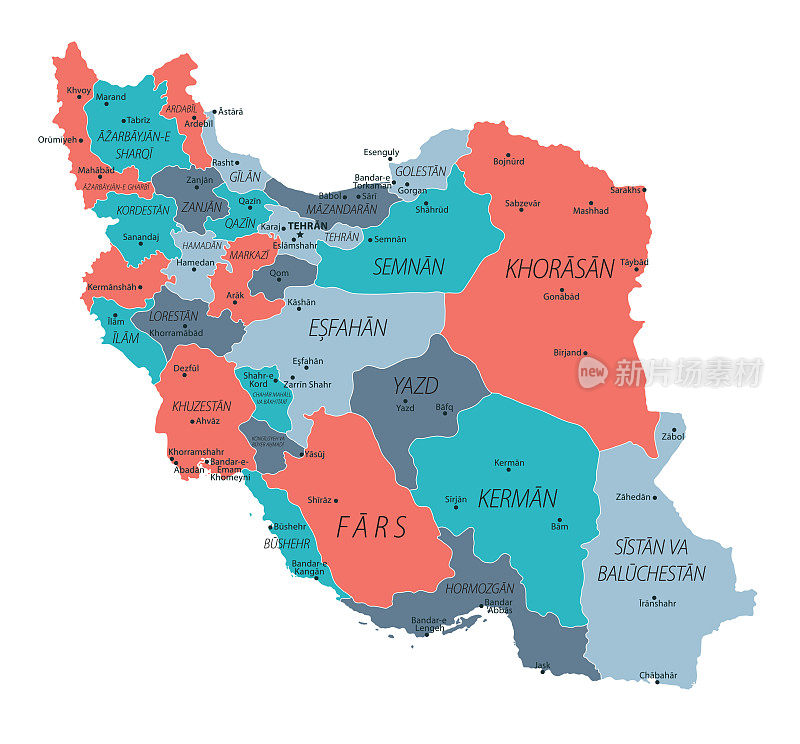伊朗的地图。矢量彩色地图的伊朗