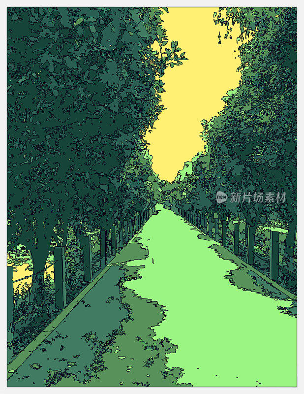 轮廓风格霓虹色彩超时空卡通户外场景,绿树成荫的小径