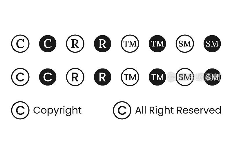 版权和注册符号集矢量设计上的白色背景。