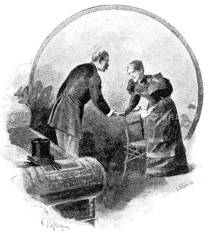 优雅的男人带着一顶烟囱帽问候优雅的女人，两人站在椅子旁
