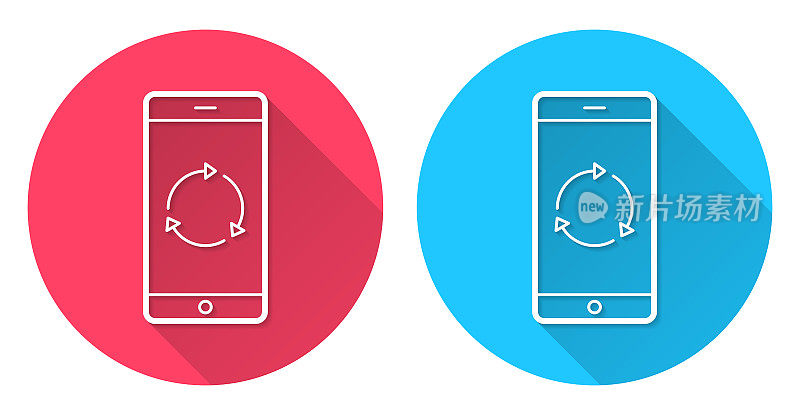 刷新或重新加载智能手机。圆形图标与长阴影在红色或蓝色的背景
