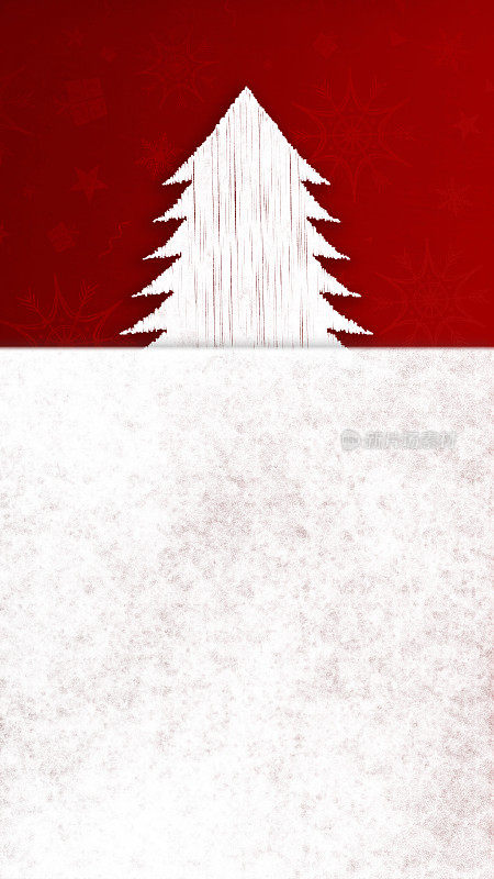 垂直深红色栗色的圣诞壁纸纹理和小星星，礼盒，雪花形状作为水印的所有图案和一个针叶圣诞树与一个白色的雪像模糊的底边边界一半的复制空间
