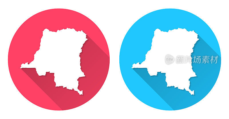 刚果民主共和国地图。圆形图标与长阴影在红色或蓝色的背景