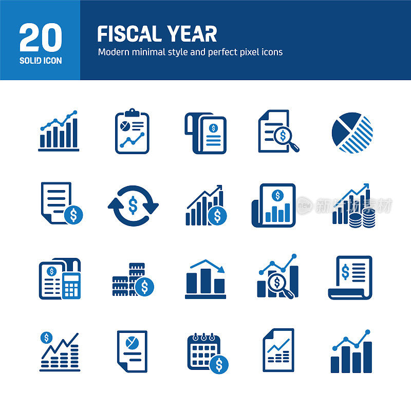 财政年度实心图标。包含财务、报告、分析、经济等立体图标集合。矢量插图。网站设计、logo、app、模板、ui等。