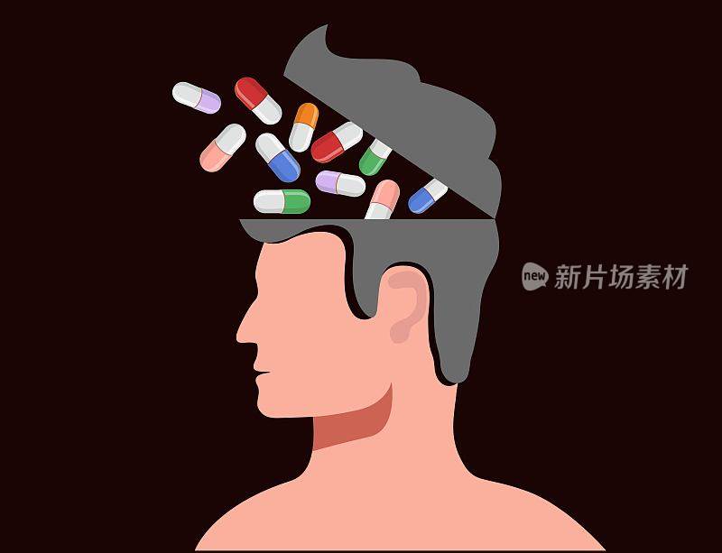 抽象画的人与药物药丸在他的头部平面矢量插图