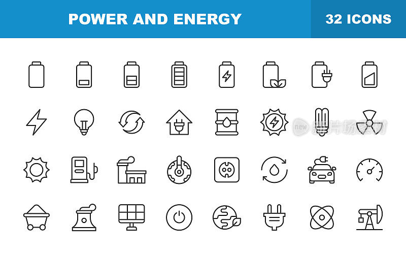 能量和能量图标。可编辑的中风。包含能源、动力、可再生能源、电力、电动汽车、煤炭、天然气、核能、电池、太阳能等图标。