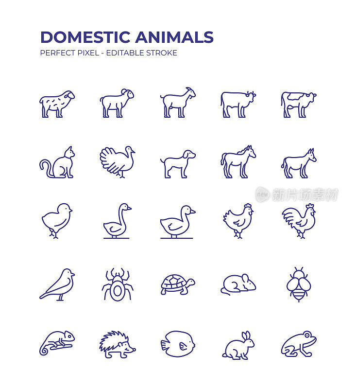 家畜可编辑线图标集包含这样的图标，如绵羊，山羊，牛，牛，火鸡，马，鸡，鸟，驴，猫，狗等