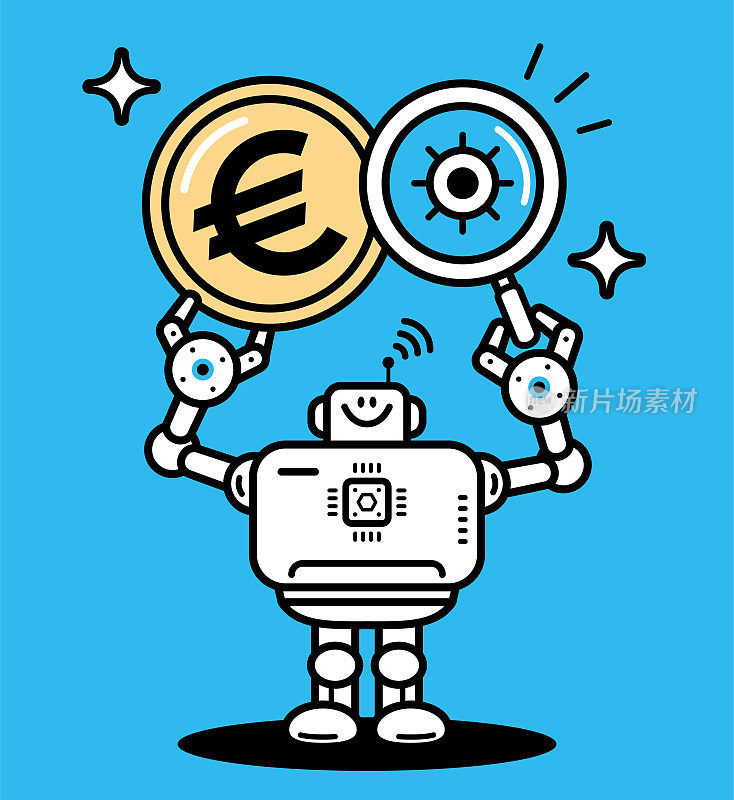 人工智能机器人用放大镜检查金币