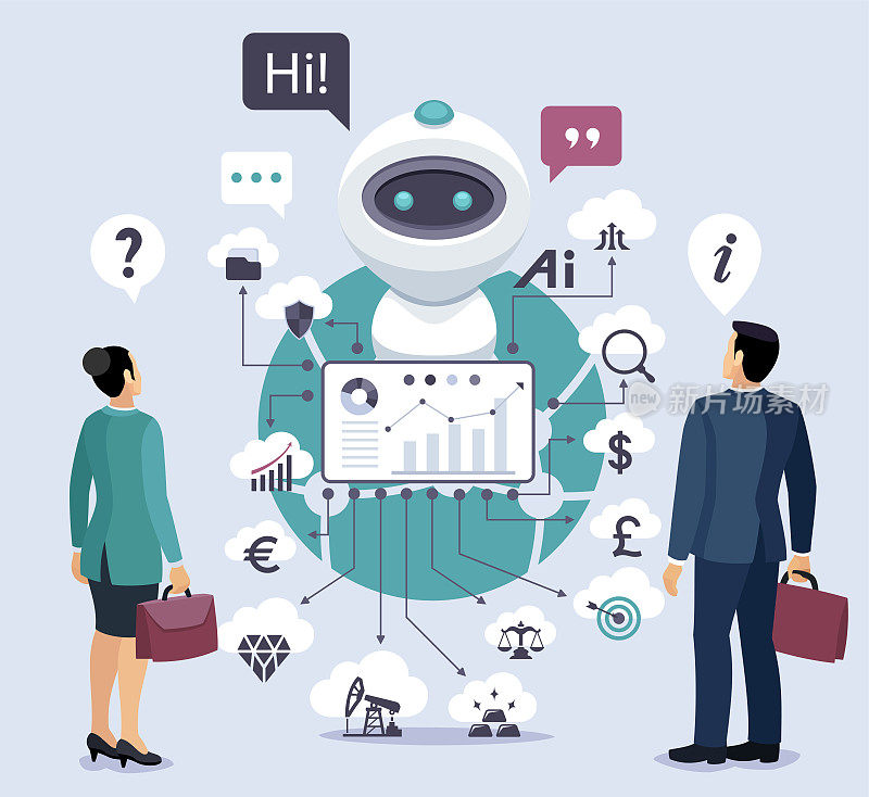 AI聊天概念。向聊天机器人寻求建议的商人。